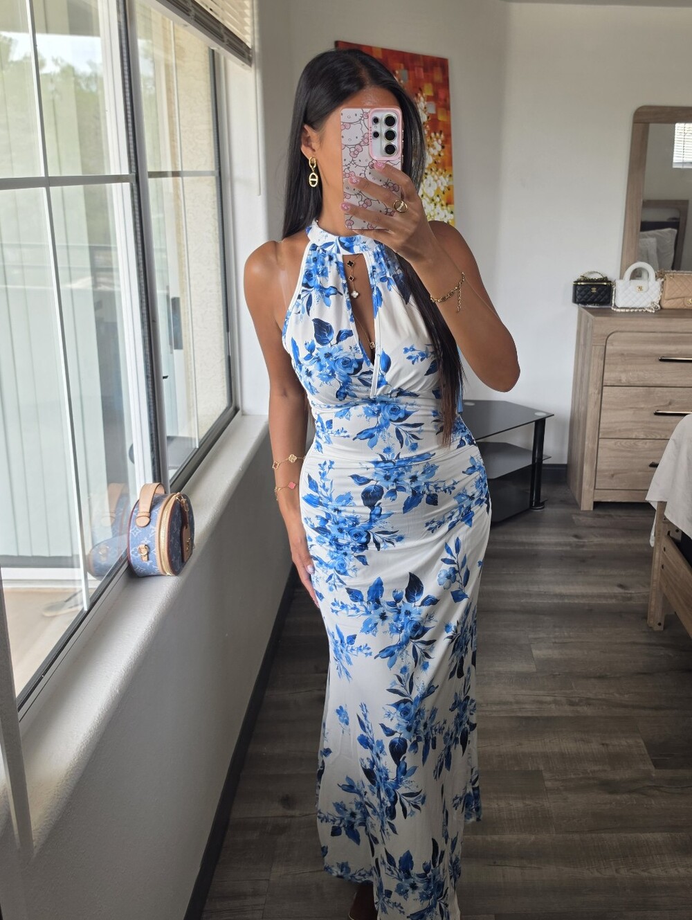 White & Blue Floral Halter Maxi Dress - Women Very Stretchy